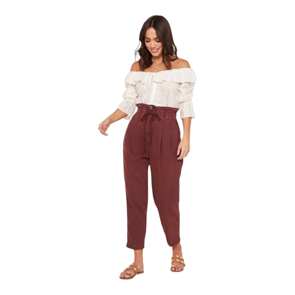 Free People Margate Pleated Sz S-M High-Waist Paperbag Tapered Pants in Wine
